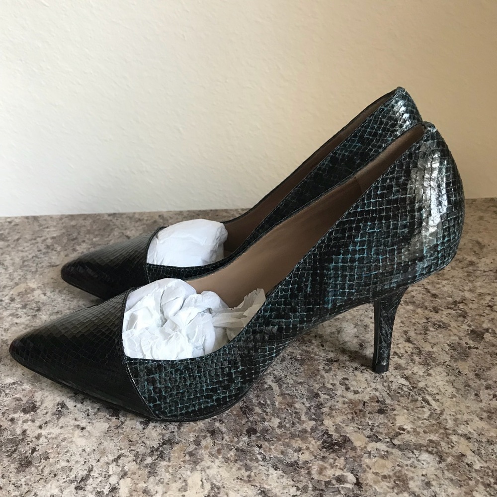 Charles and Keith Blue and Black Snakeskin Heels